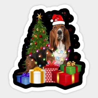 Basset Hound Christmas Tree Santa Hat Funny Xmas Gift Dog T-Shirt Sticker